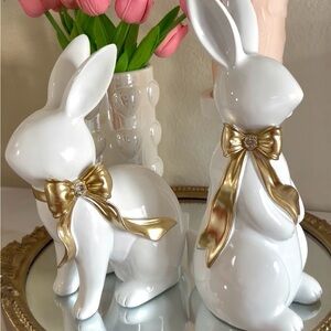 CUPCAKES AND CASHMERE Easter Bunny Figurine With White & Gold Coquette Bow  Set2